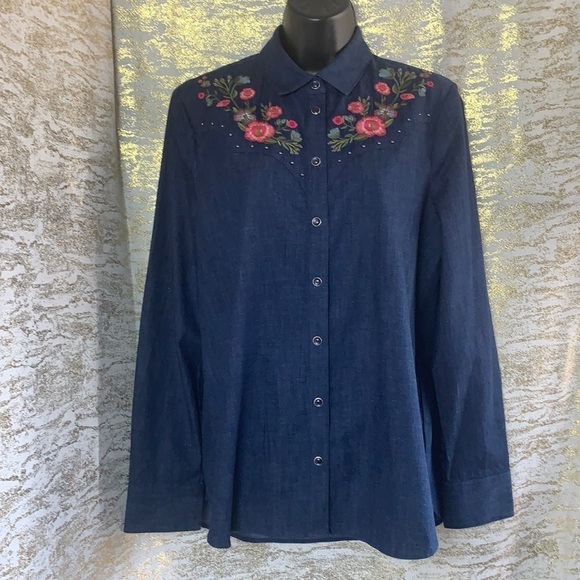 Kate Spade Blue Dark Wash Embroidered Chambray Denim Shirt Size M - Picture 4 of 13